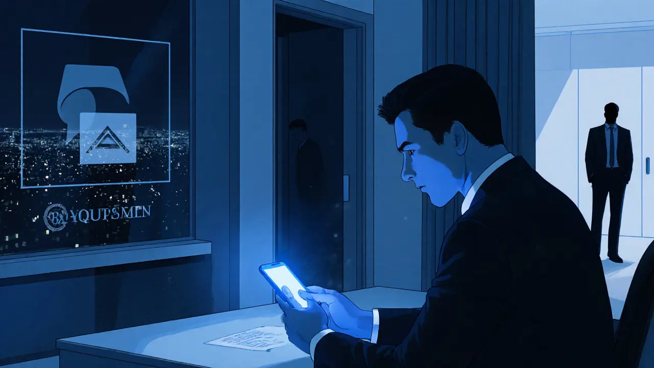 Client uses encrypted phone in a hotel suite while an anonymous escort waits in the hallway.