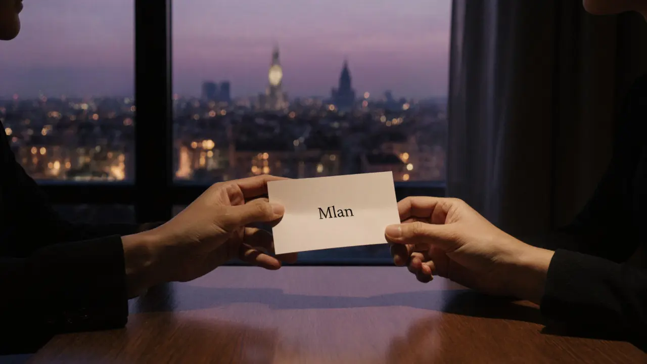 Close‑up of hands exchanging a note with a safety word, Milan skyline visible behind.