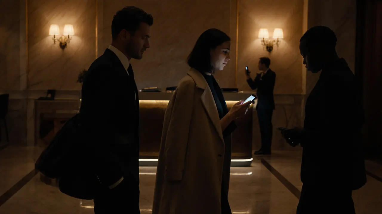Couple leaving a hotel lobby at night, one glancing at phone, friend's silhouette in background.