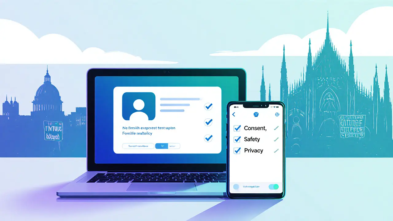 Digital devices display secure messaging for escort services with Milan skyline background.