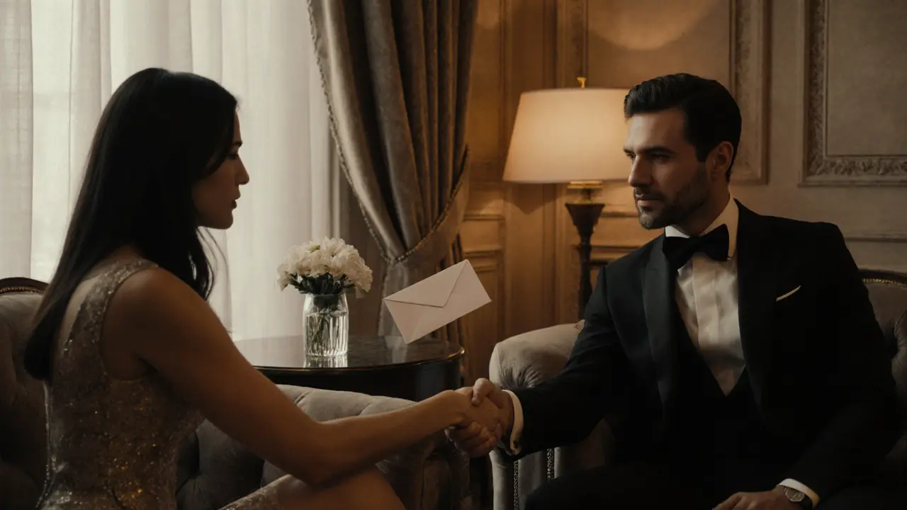 Discreet handshake and envelope exchange in a private lounge.