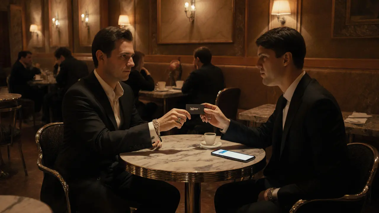 Elegant café meeting where a client and escort exchange a card, emphasizing safety.