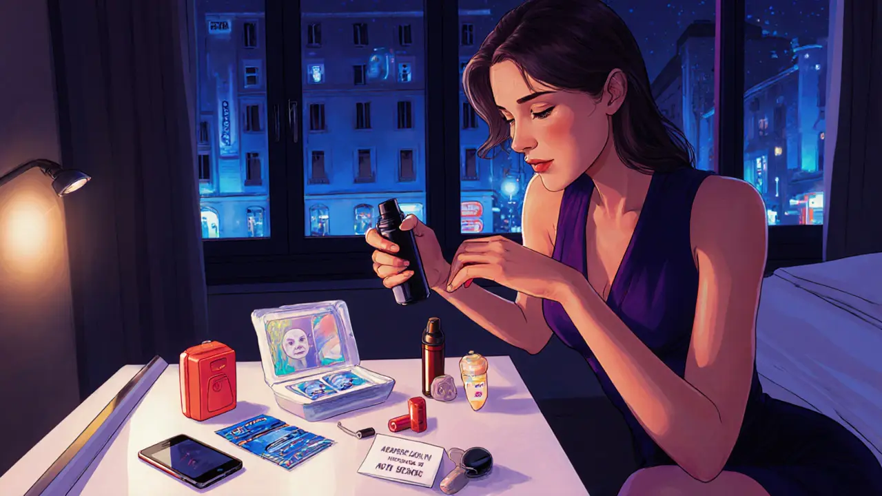 Escort arranging a discreet safety kit with condoms, pepper spray, and phone in a hotel room.