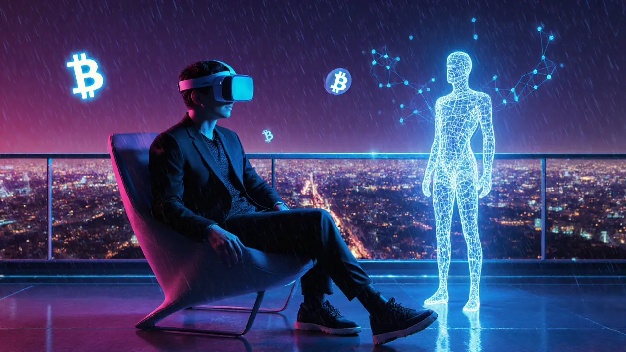 Futuristic Milan rooftop with holographic AI avatar and VR elements.