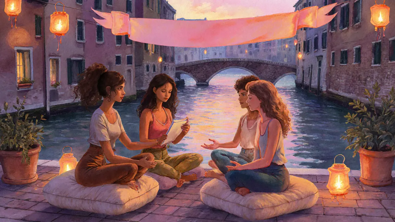 Group of women practicing yoga together on a terrace by the Navigli canals at sunset.