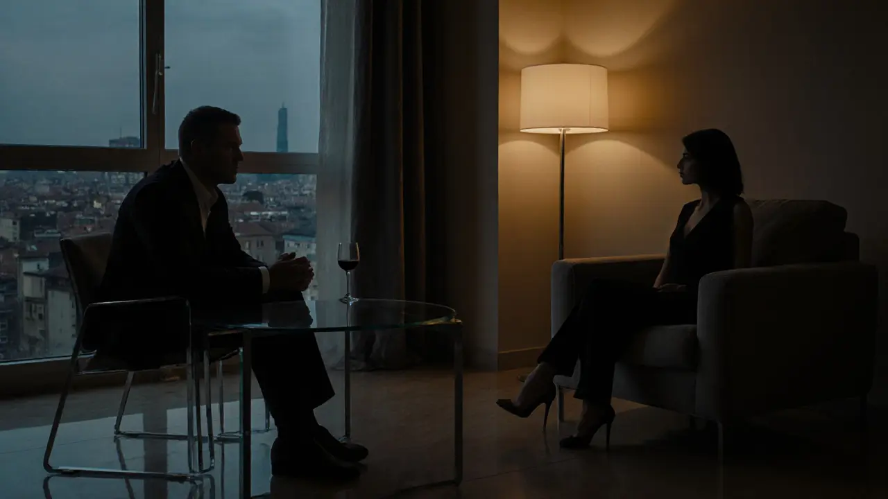 Lonely client sits opposite a discreet escort in a warm‑lit Milan apartment at night.