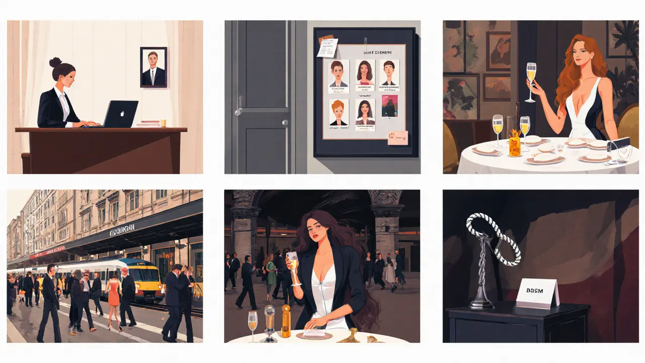 Six-panel illustration of different escort service settings.