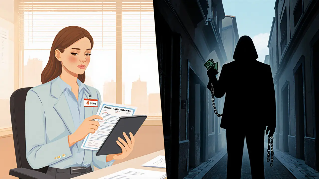 Split illustration shows safe, regulated escort work versus risky exploitation in Milan.