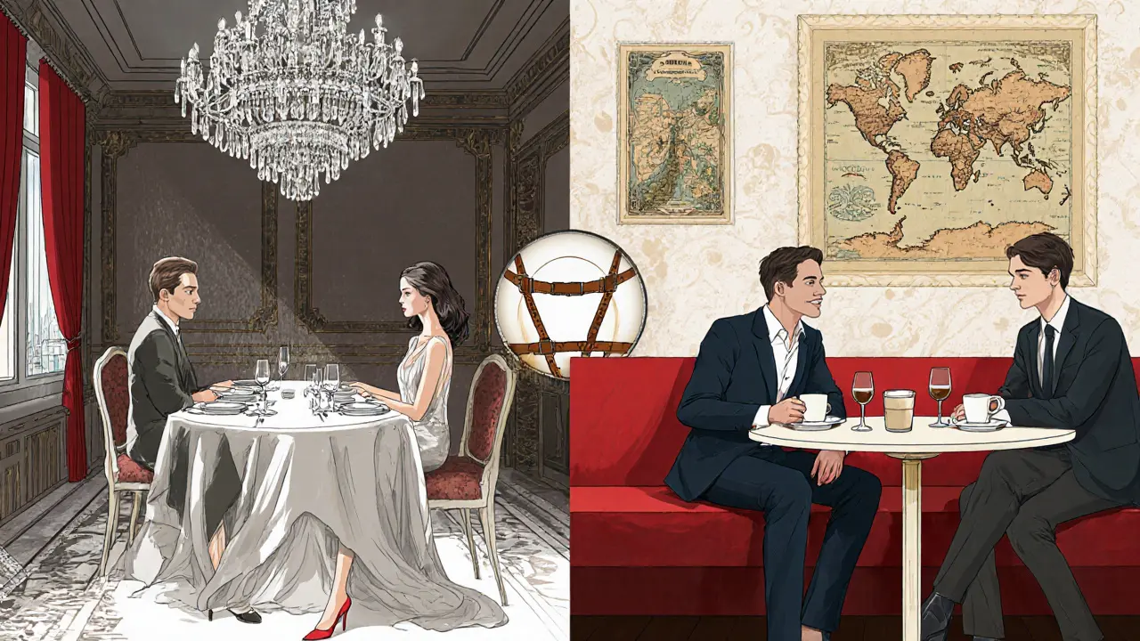 Split scene showing luxury dinner, coffee meeting, BDSM gear, and travel map.