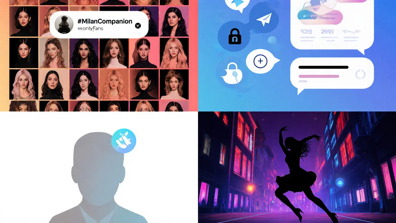 Split-screen showing Instagram, Telegram, OnlyFans and TikTok interfaces in a stylish illustration.