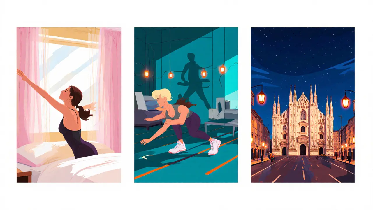 Three‑panel illustration of a quick stretch, body‑weight workout, and evening walk in Milan.