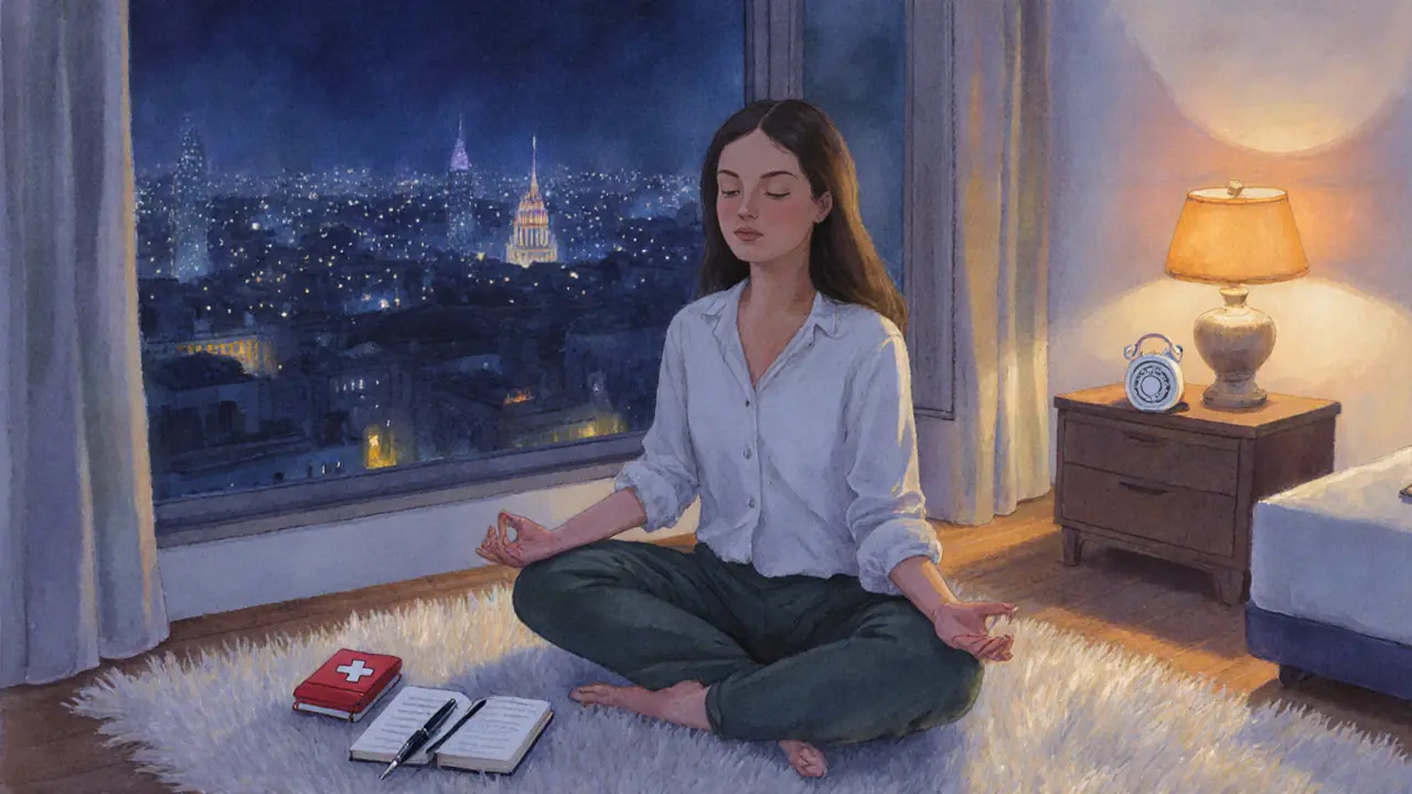 Woman meditating in a dimly lit Milan apartment with personal alarm and journal nearby.