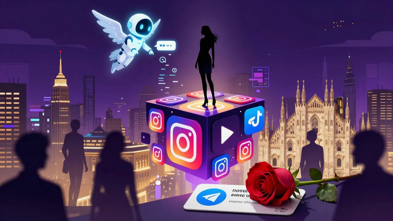 A woman stands atop digital platform icons, overlooking Milan, as an AI guardian filters online threats—symbolizing control in the modern escort industry.