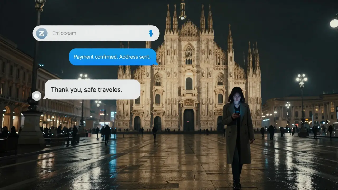 A woman walks at night in Milan, phone glowing with a secure Telegram message confirming payment, skyline softly lit in the background.